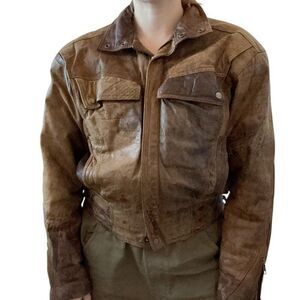 Vintage 1980s Britches Brown Distressed Biker Leather Cropped Bomber Jacket 38